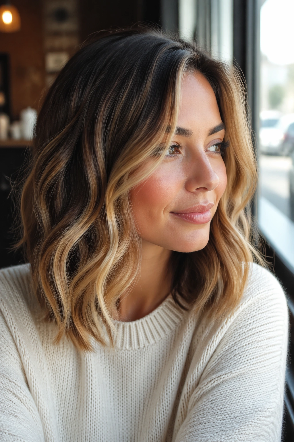 Close-up of a real woman with balayage-framed wavy lob hairstyle
