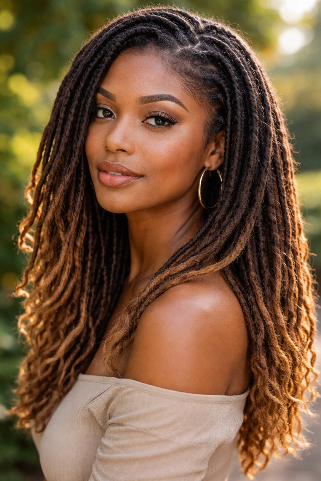 Close-up of a person with locs showing balayage gradient from dark to light tips