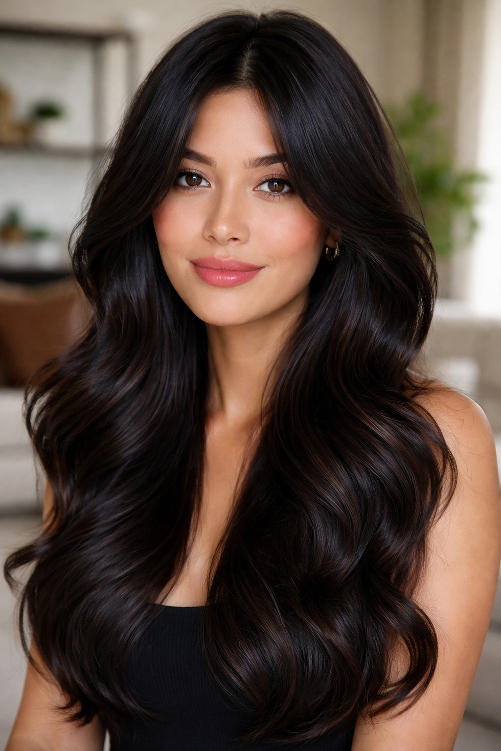 Portrait of woman with black balayage dimension and long wavy curtains framing the face