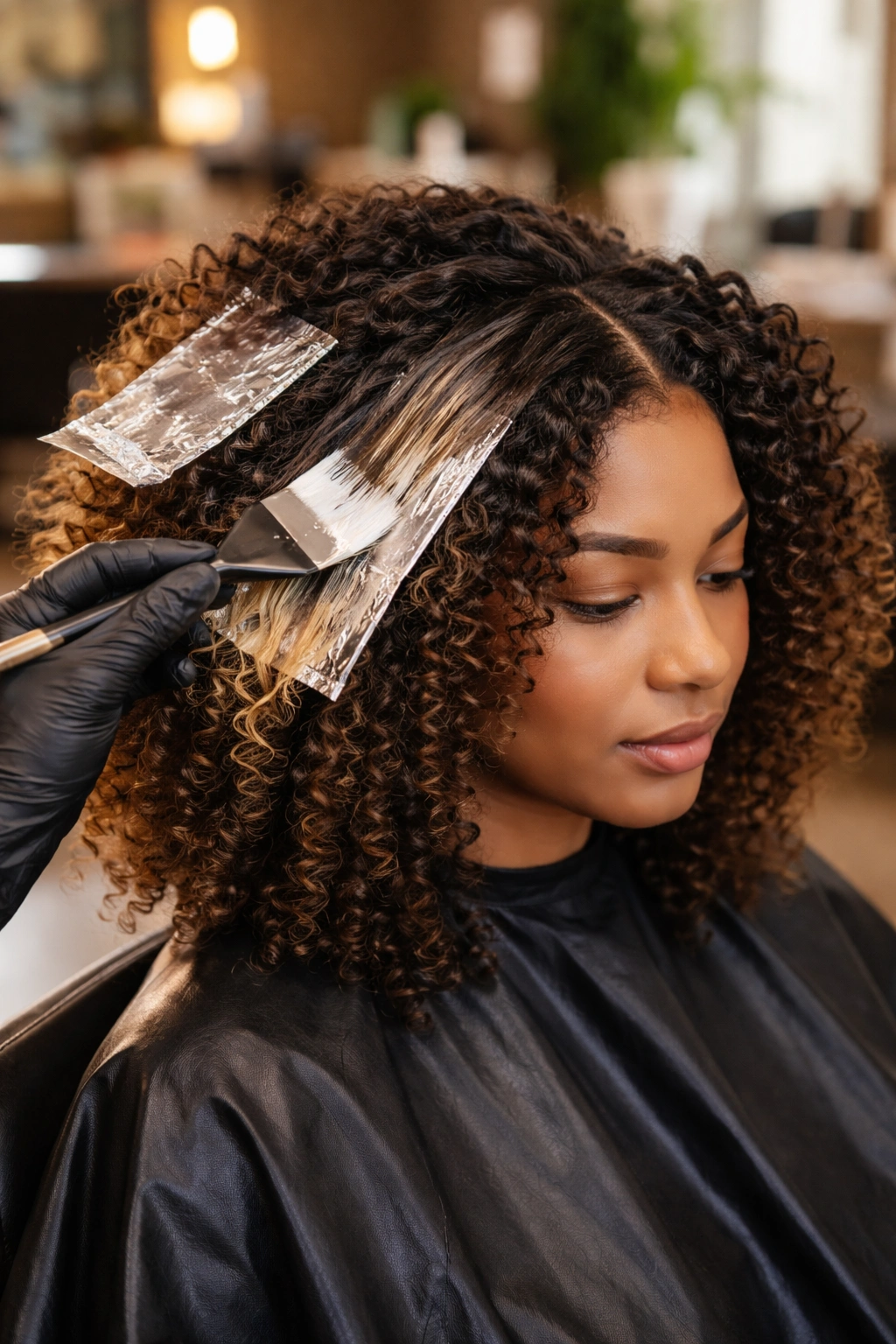 Close-up of a person having balayage applied on curly hair in a salon