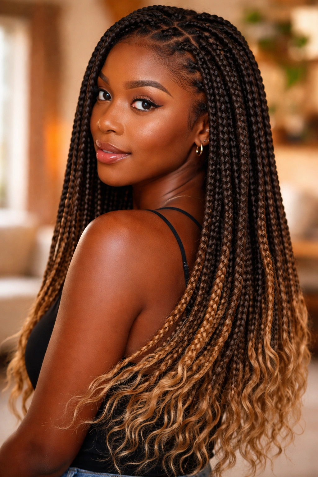 Real person with protective braids showing balayage tones at the ends