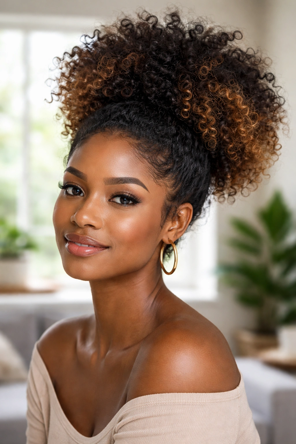 Close-up of a woman with balayage perimeter in a curly puff