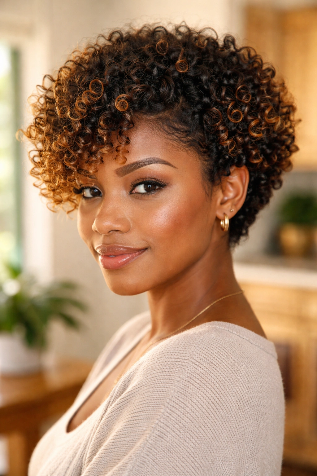 Close-up of short natural curls with balayage at the tips