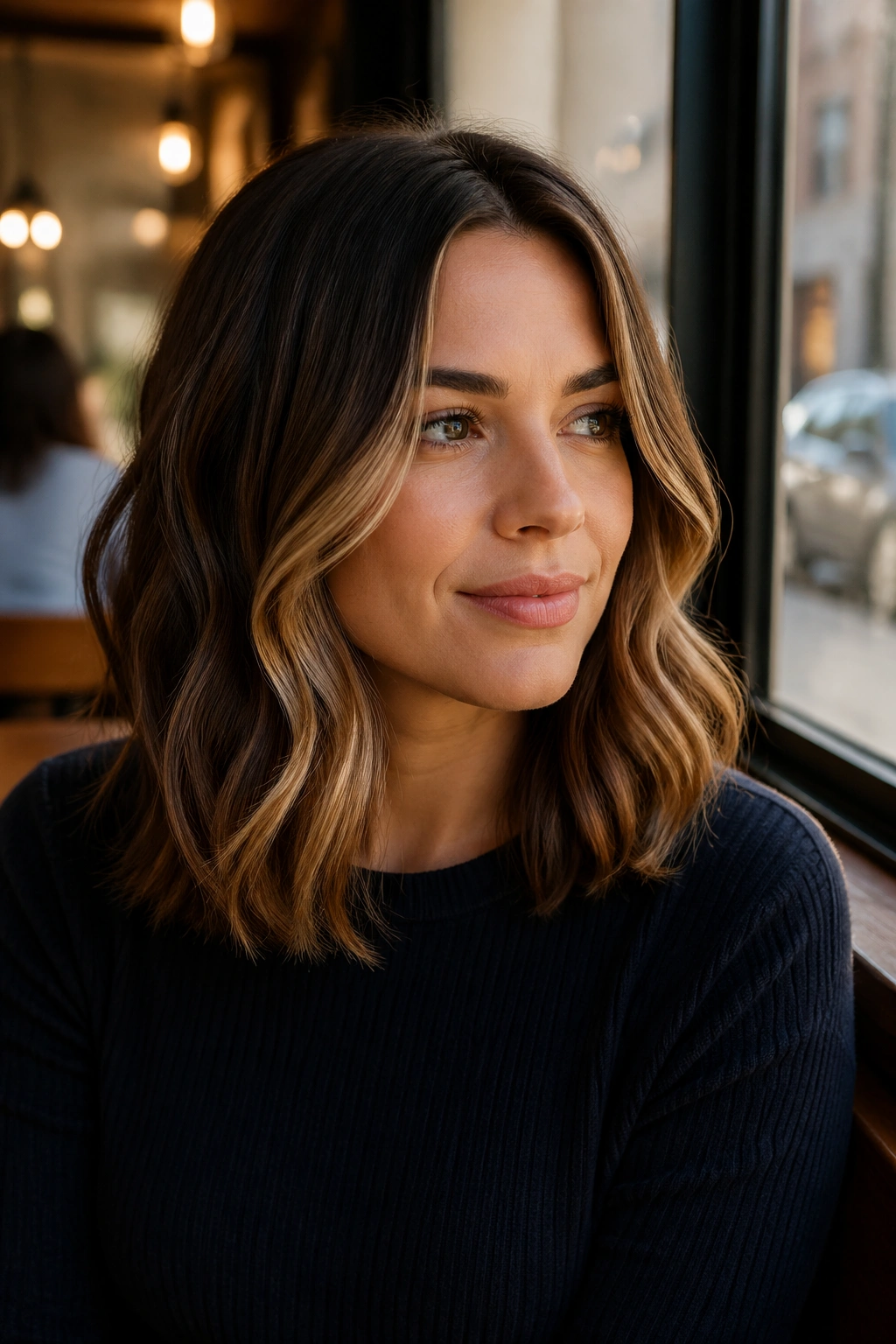 Close-up of a real woman with French-inspired shoulder waves and subtle balayage