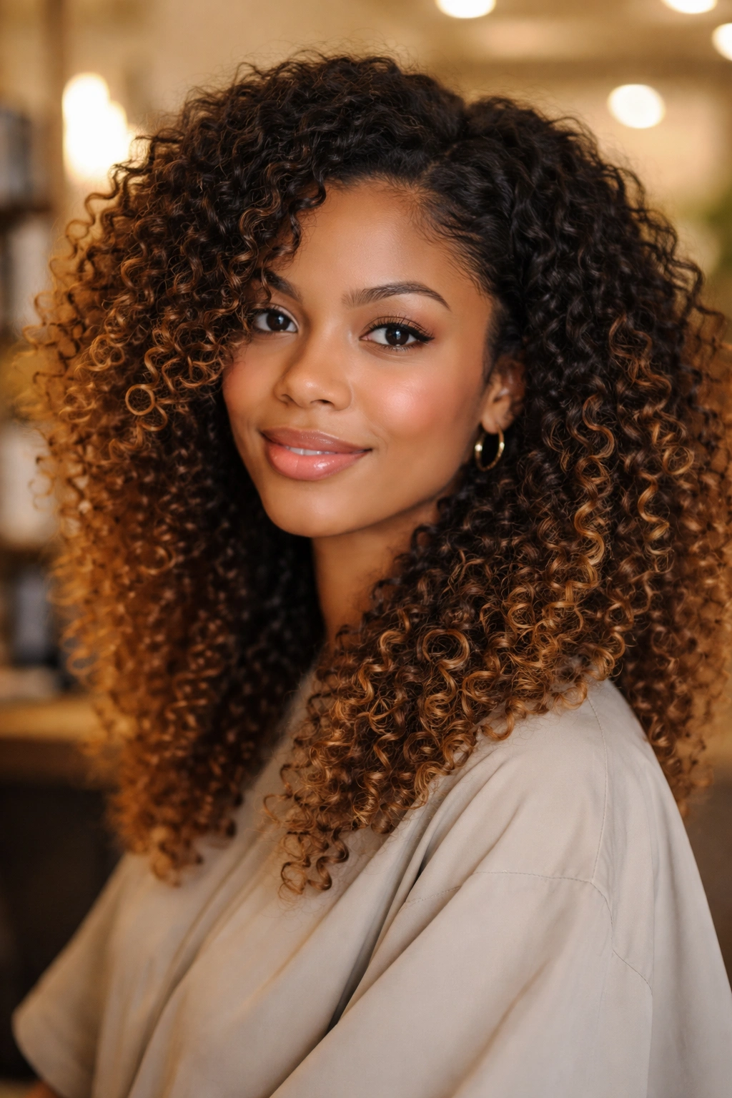 Close-up of a real woman with curls showing refreshed balayage ends