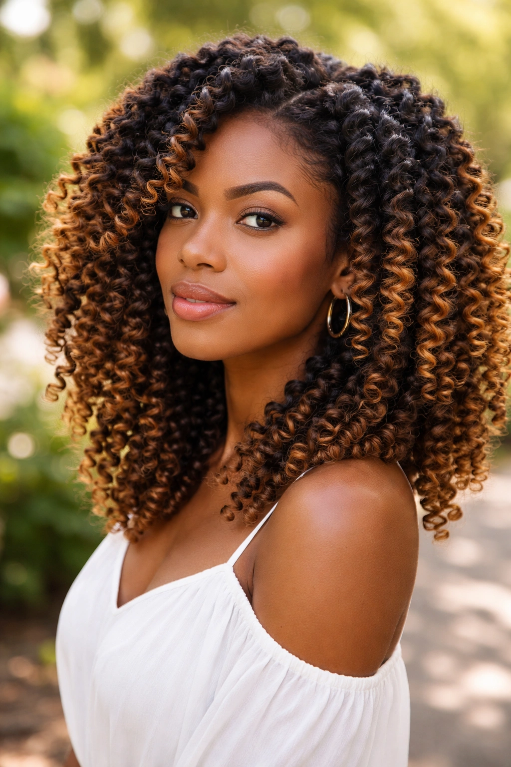 Portrait of a woman with balayage on twist-out curls in natural outdoor light