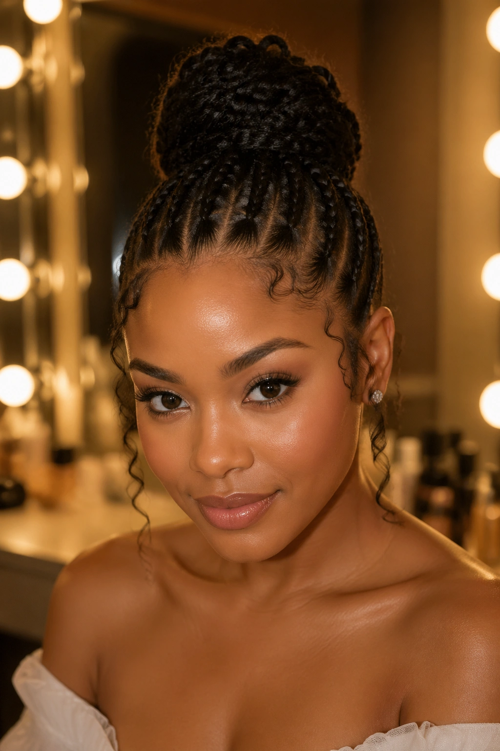 Close-up of a real woman with a high ballerina bun and minimal curls in backstage lighting