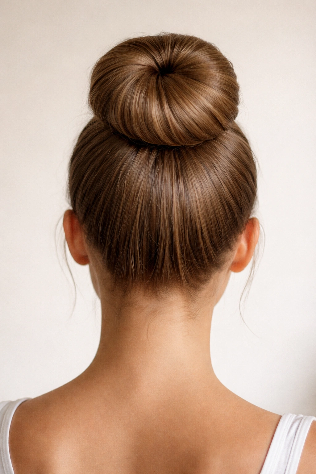 Close-up of a perfectly centered ballerina bun with symmetrical wrap on a neutral studio backdrop