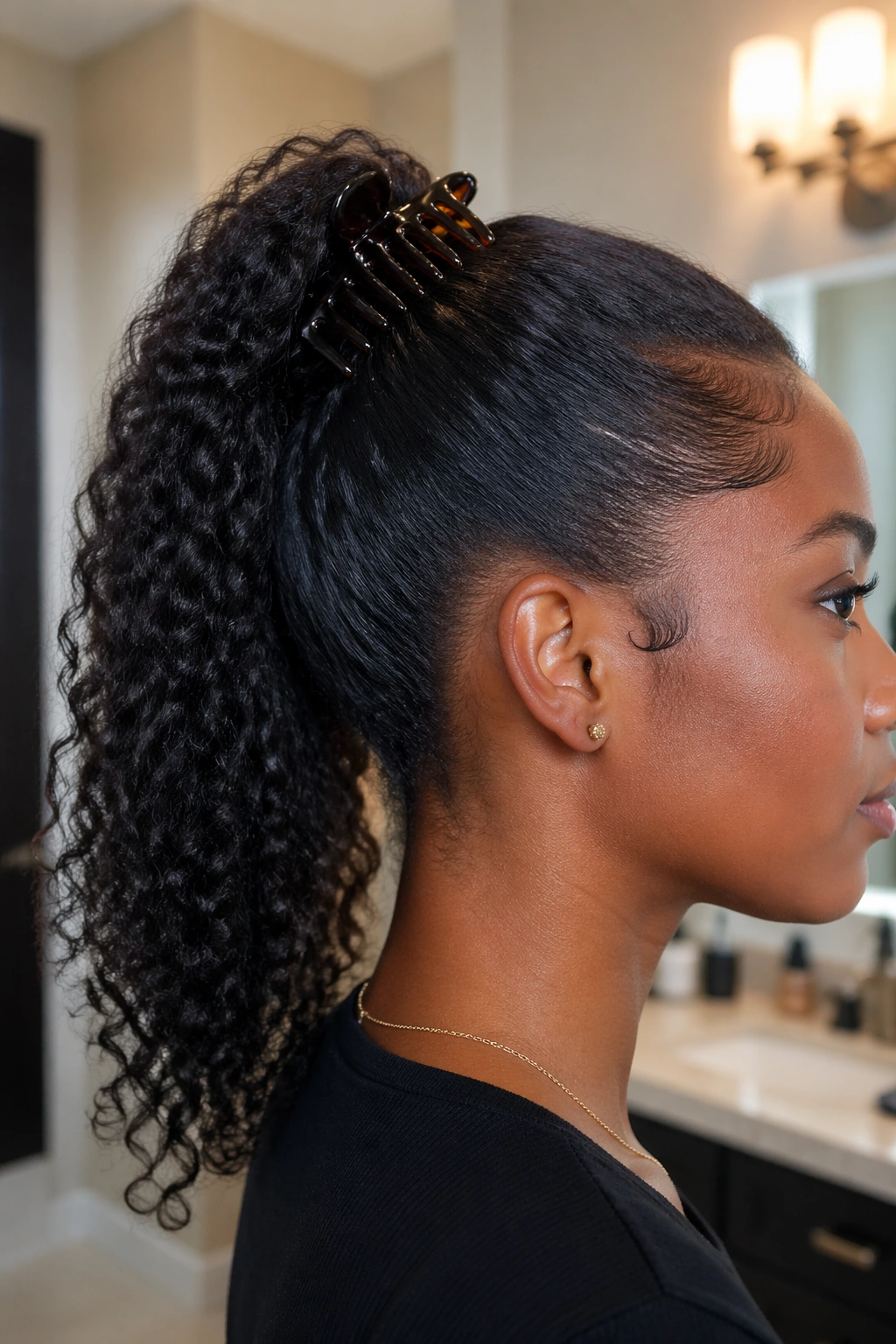 Close-up of a real woman wearing a banana clip ponytail