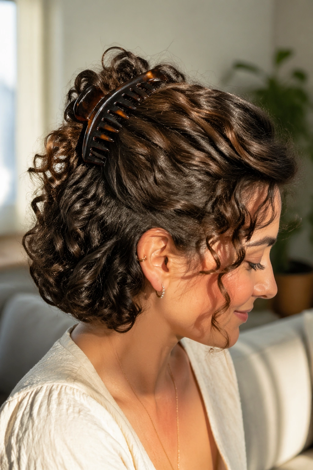 Close-up of a real woman with a banana clip sweeping the top half of short curly hair in natural light