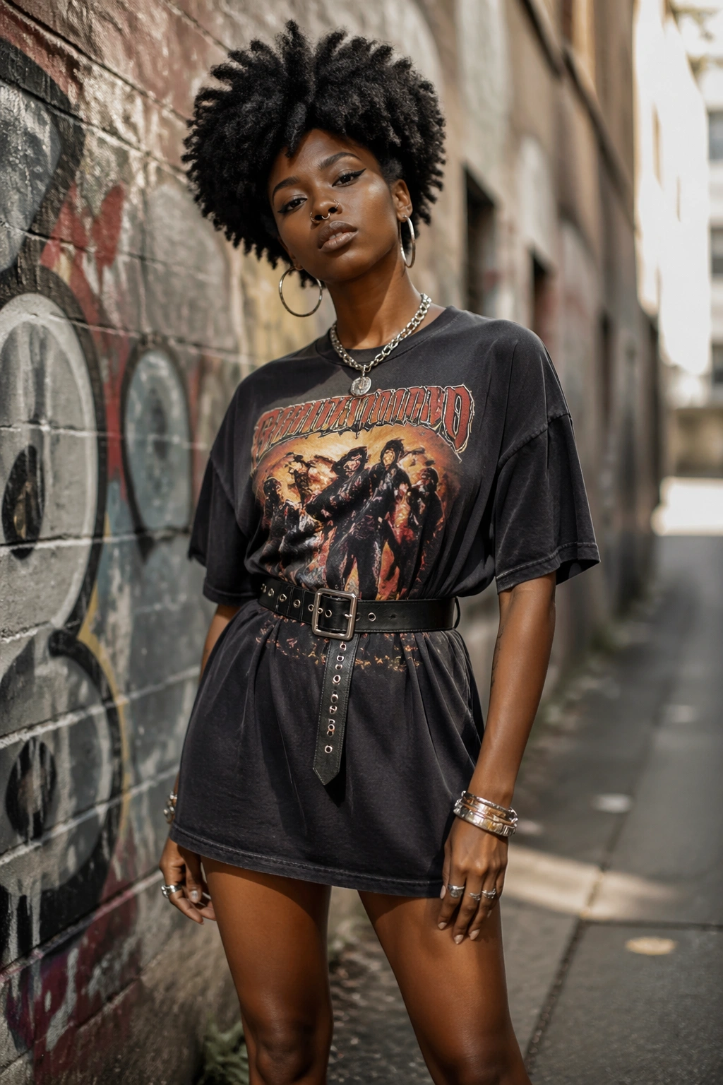 Person wearing an oversized vintage band tee dress belted at the waist.