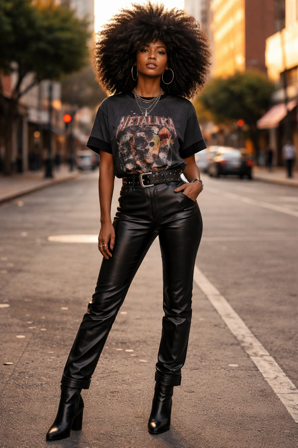 Full-length portrait of a woman in band tee and leather pants