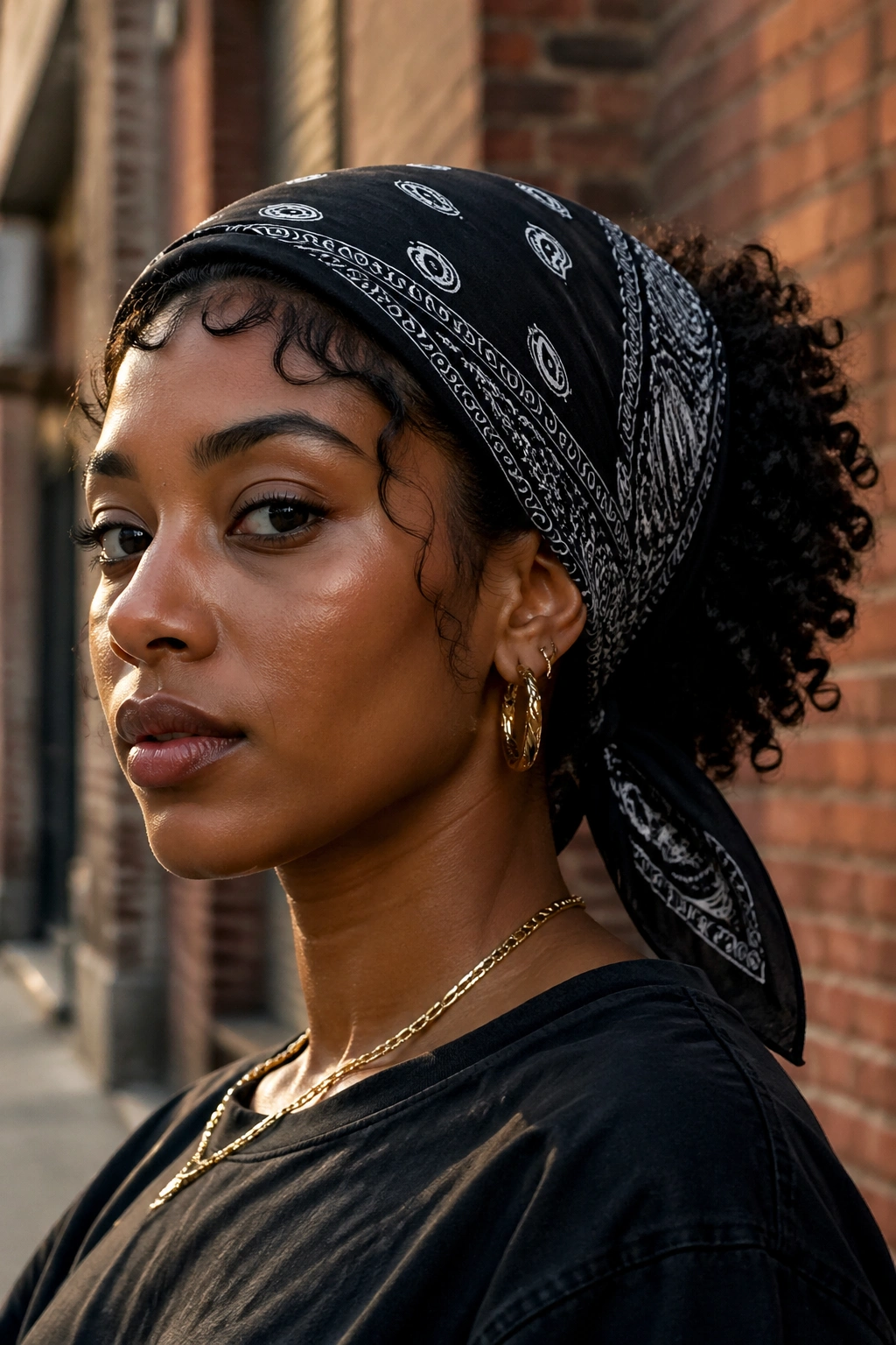 Close-up portrait of a real person wearing a cotton bandana folded into a triangle