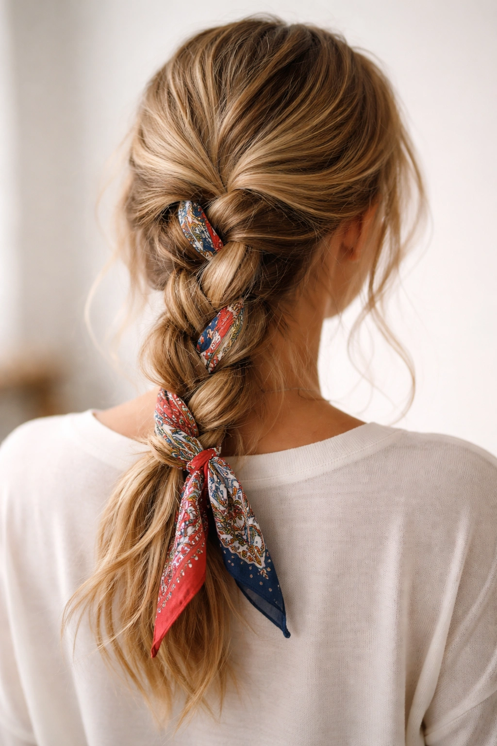 Bandana woven through a loose braid to create color and texture