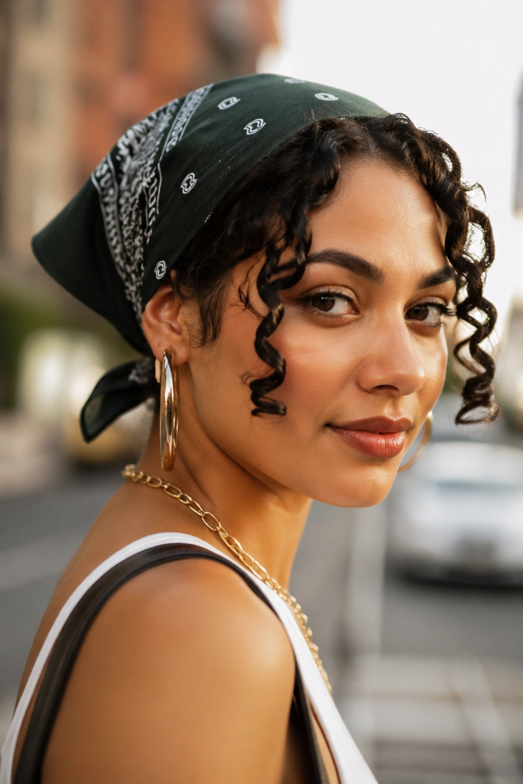Portrait of a real woman wearing a bandana wrap with face-framing curls.