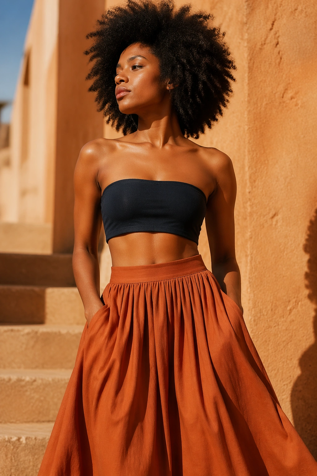 Afro woman in bandeau top and flowy midi skirt outdoors