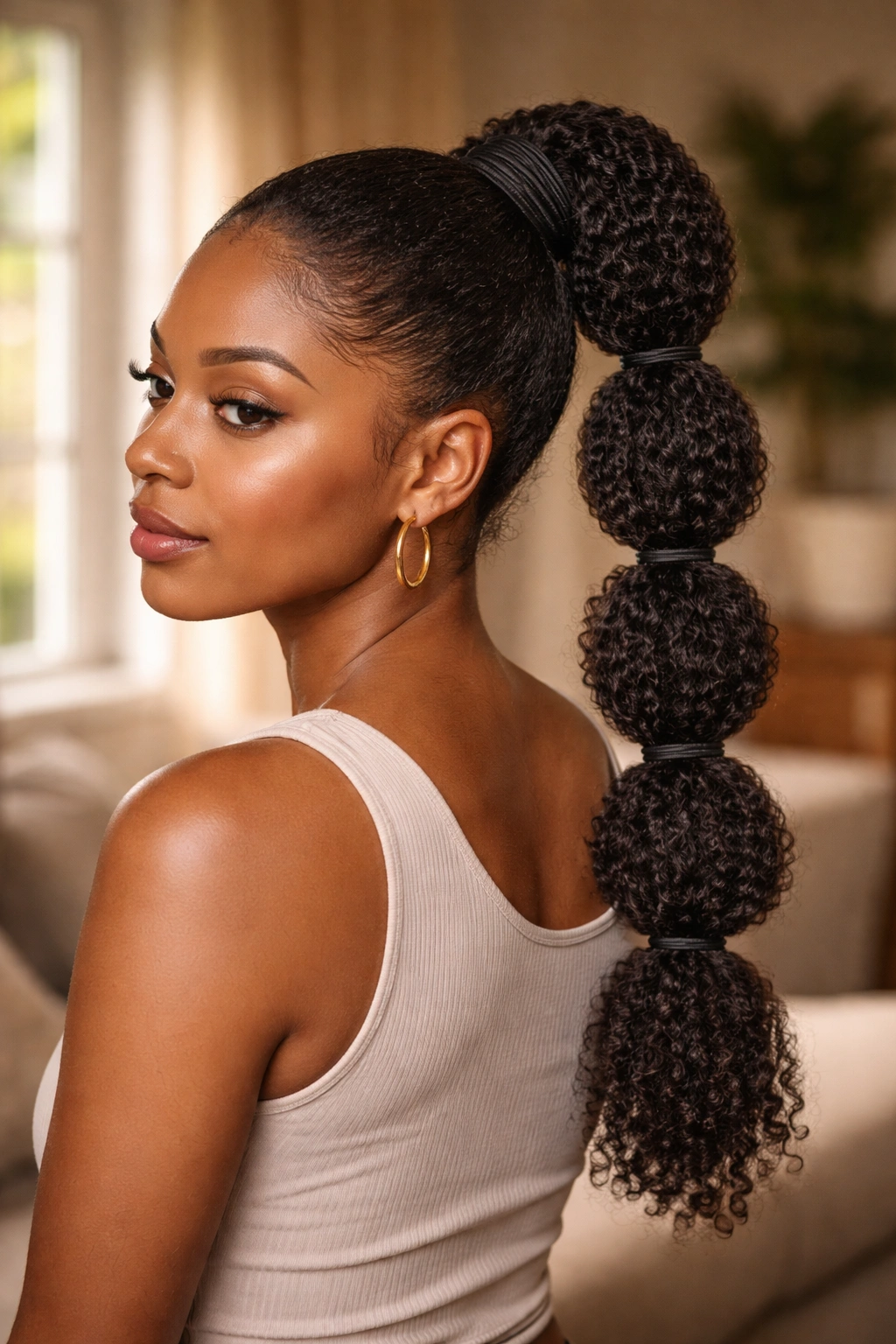 Close-up portrait of a real woman with a banded ponytail showing multiple elastic bands along a high crown