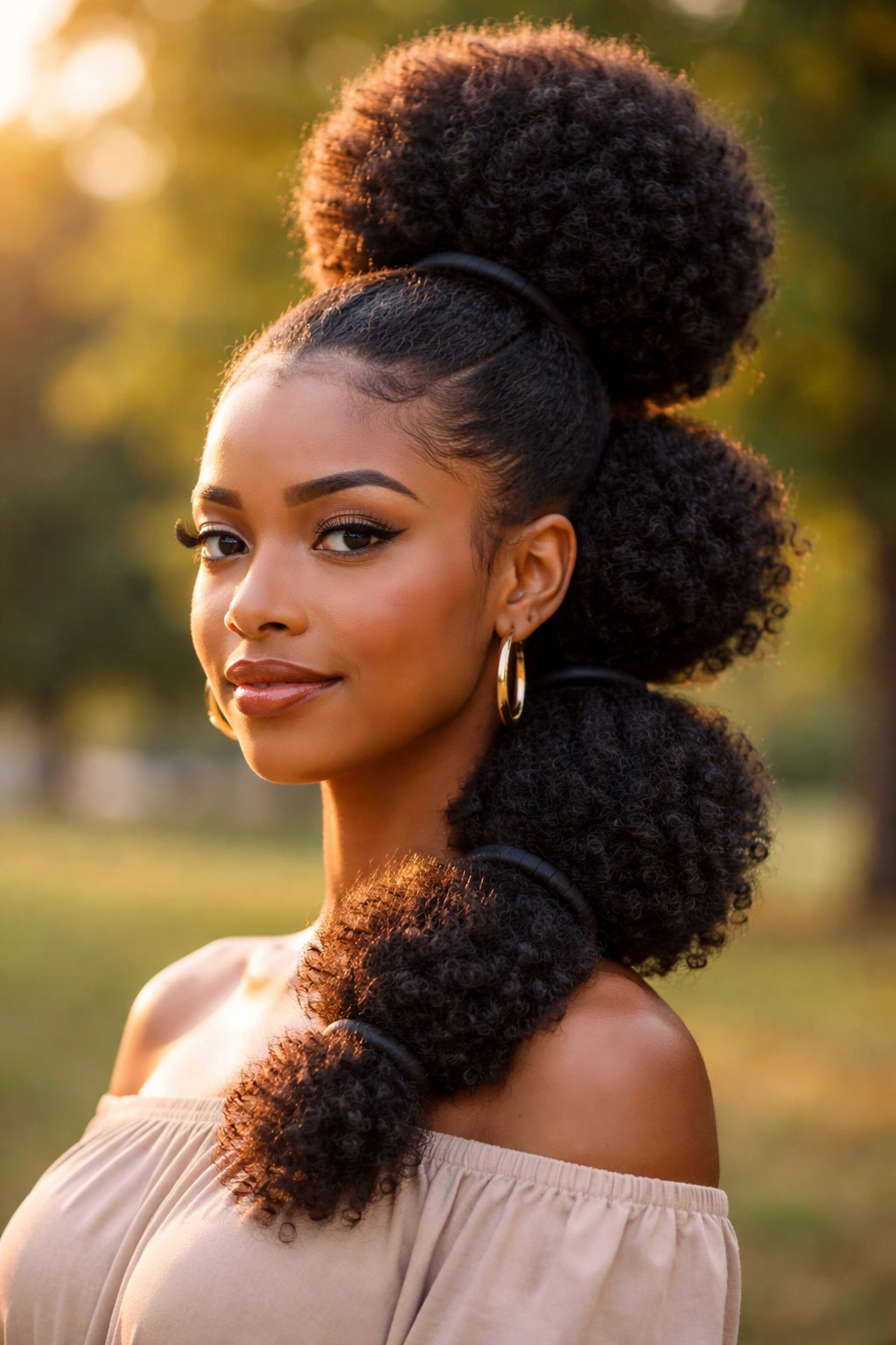 Real woman with banded afro puff showing multiple sections along the hair