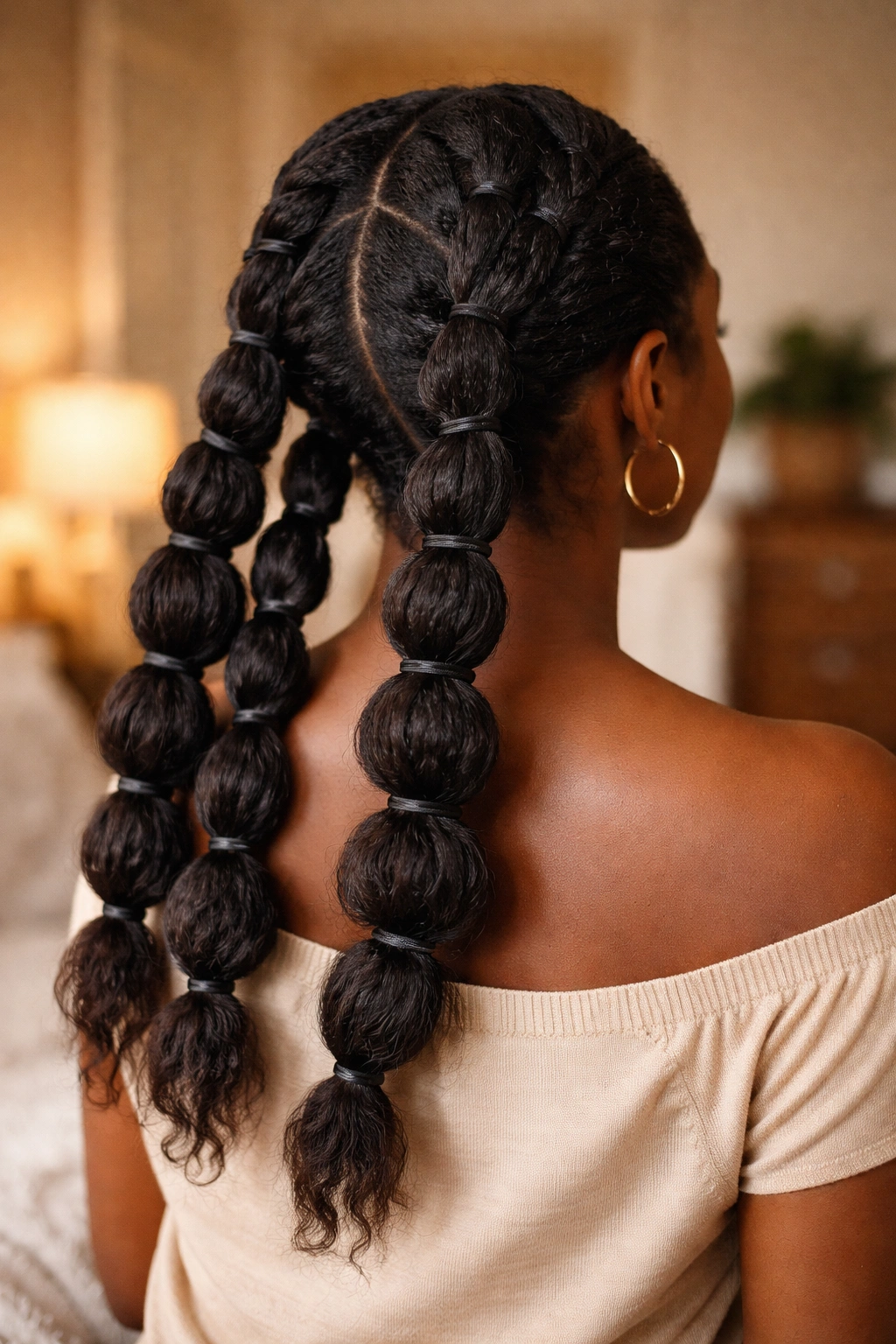 Back view of a real woman with banded stretched twists showing bands along the hair length
