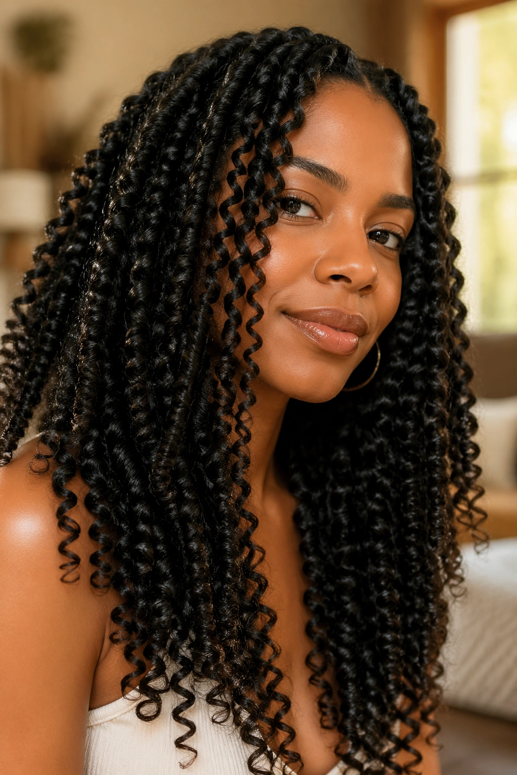 Close-up of a real woman with banded wand curls