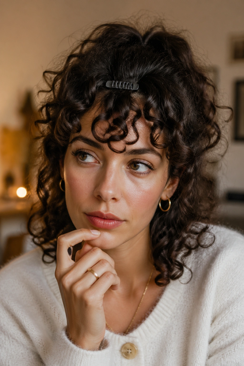 Real person testing bangs with a clip-forward faux bang in a home setting