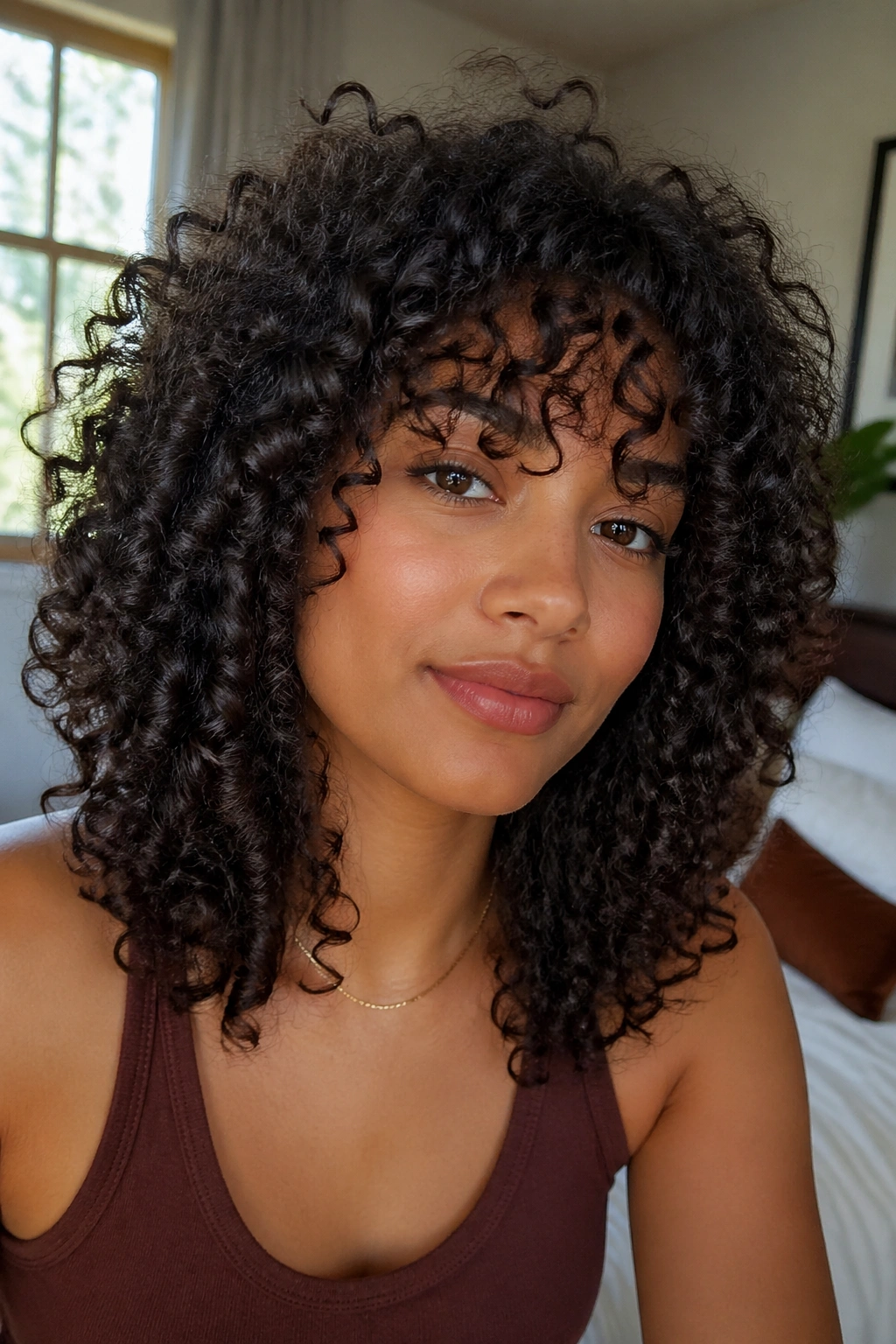 Real person with bangs integrated into a wash-and-go curly hairstyle in a bedroom setting