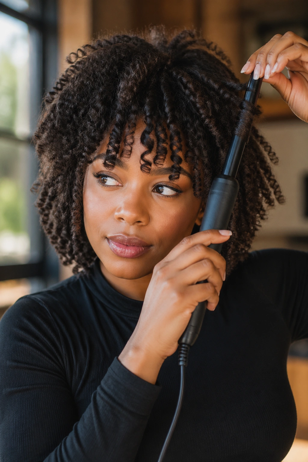 Real woman with curled bangs blending into wand curls