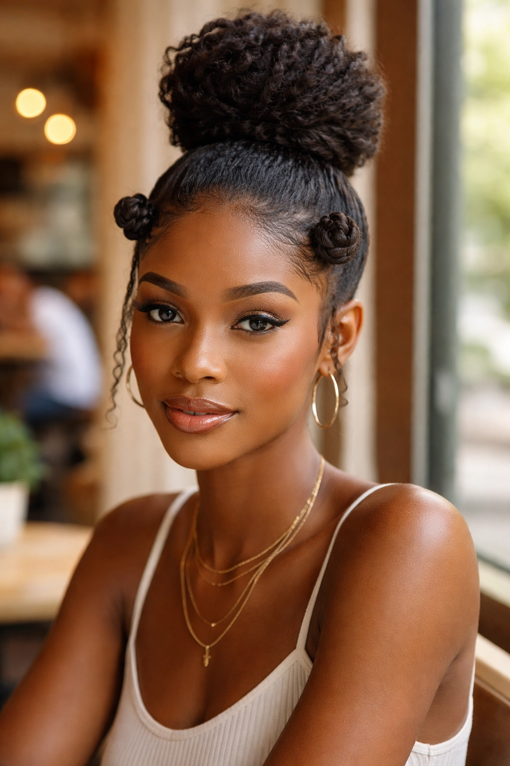 Close-up of a real woman with Bantu knots and a high bun accent