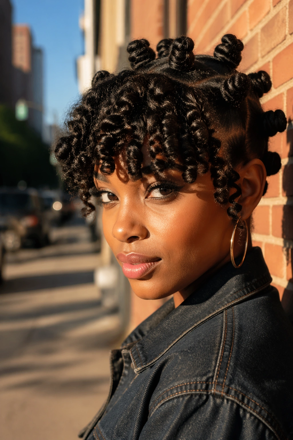 Bantu-knot-out bangs in golden hour street