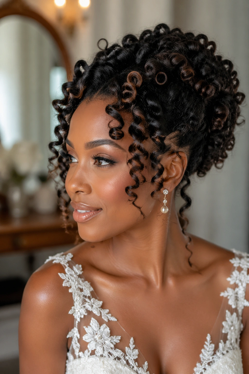 Close-up of a real woman with a bantu knot-out bridal updo and defined curls.