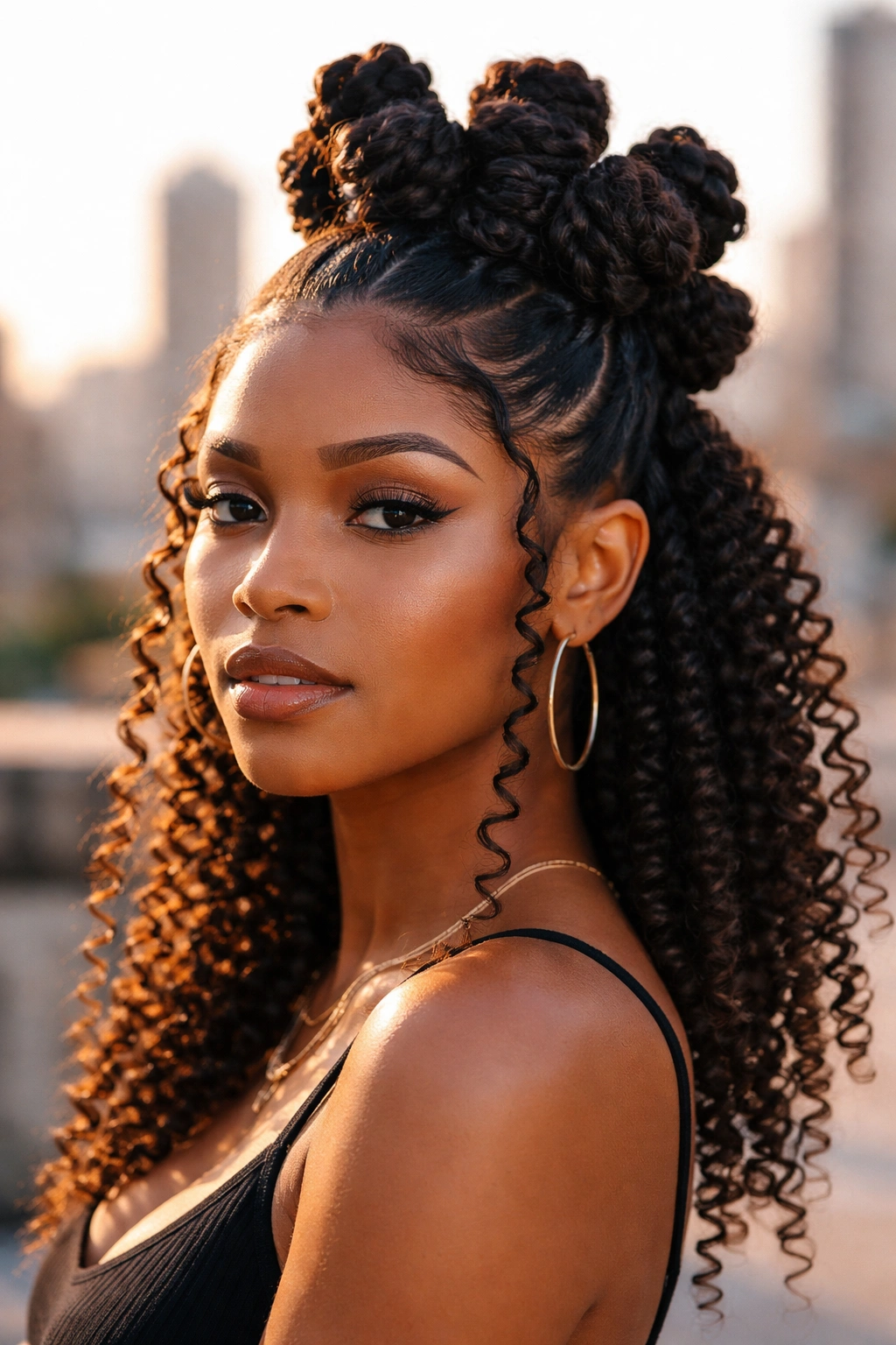 Close-up of a real woman with a crown of Bantu knot buns and hanging spiral curls at temples and nape.