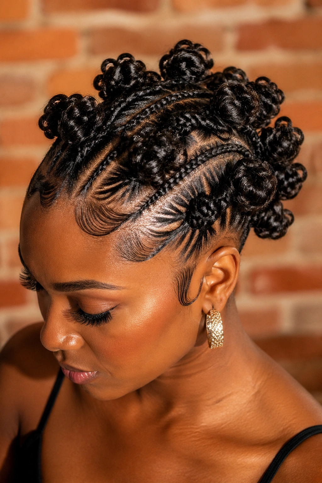 Close-up of a real woman with bantu-knot inspired cornrow bun across the crown.