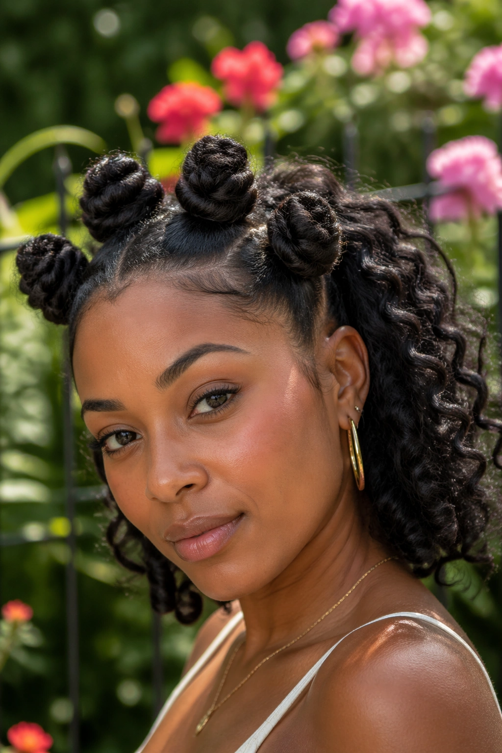 Close-up of a real woman with a Bantu Knot Crown and loose curls