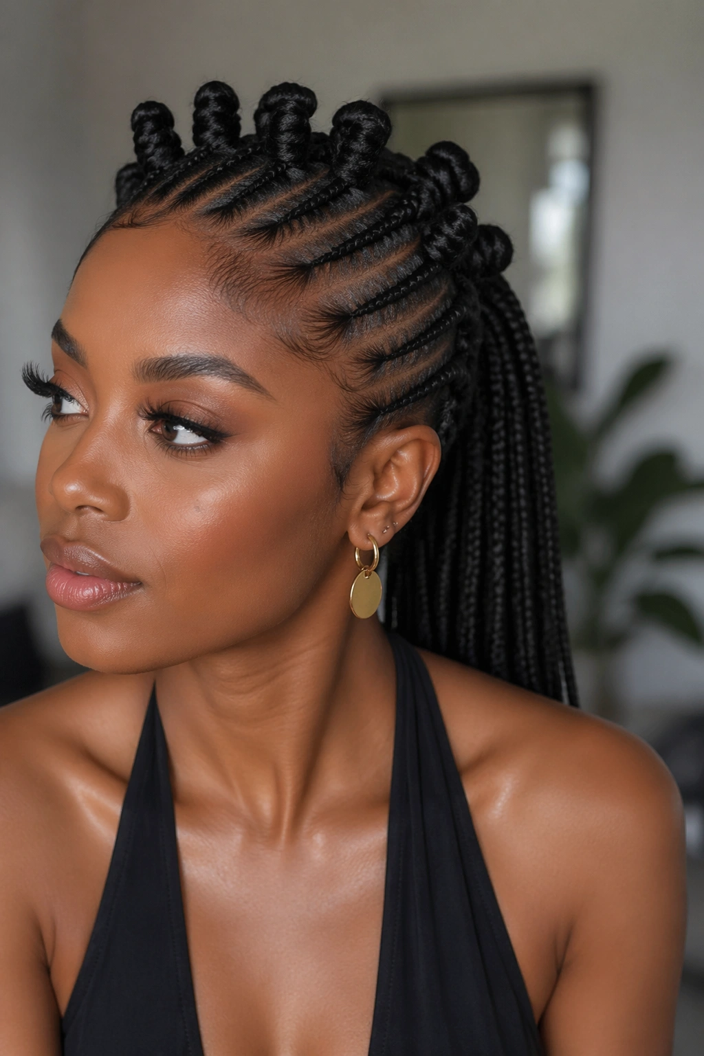 Close-up of cornrow ponytail with a bantu knot crown on a real woman