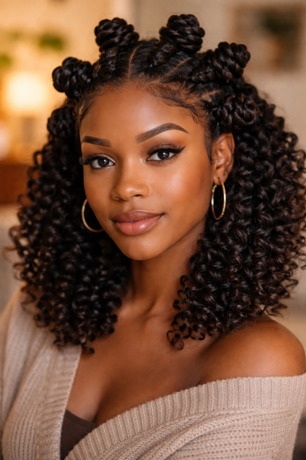 Close-up of a real person wearing a Bantu knot set wig with knots and spiraled ends