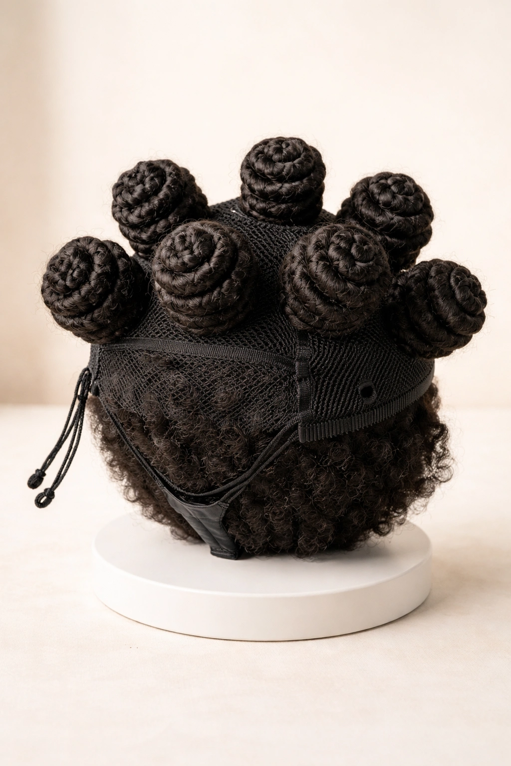 Pre-styled Bantu knot extension with knotted base displayed on neutral background
