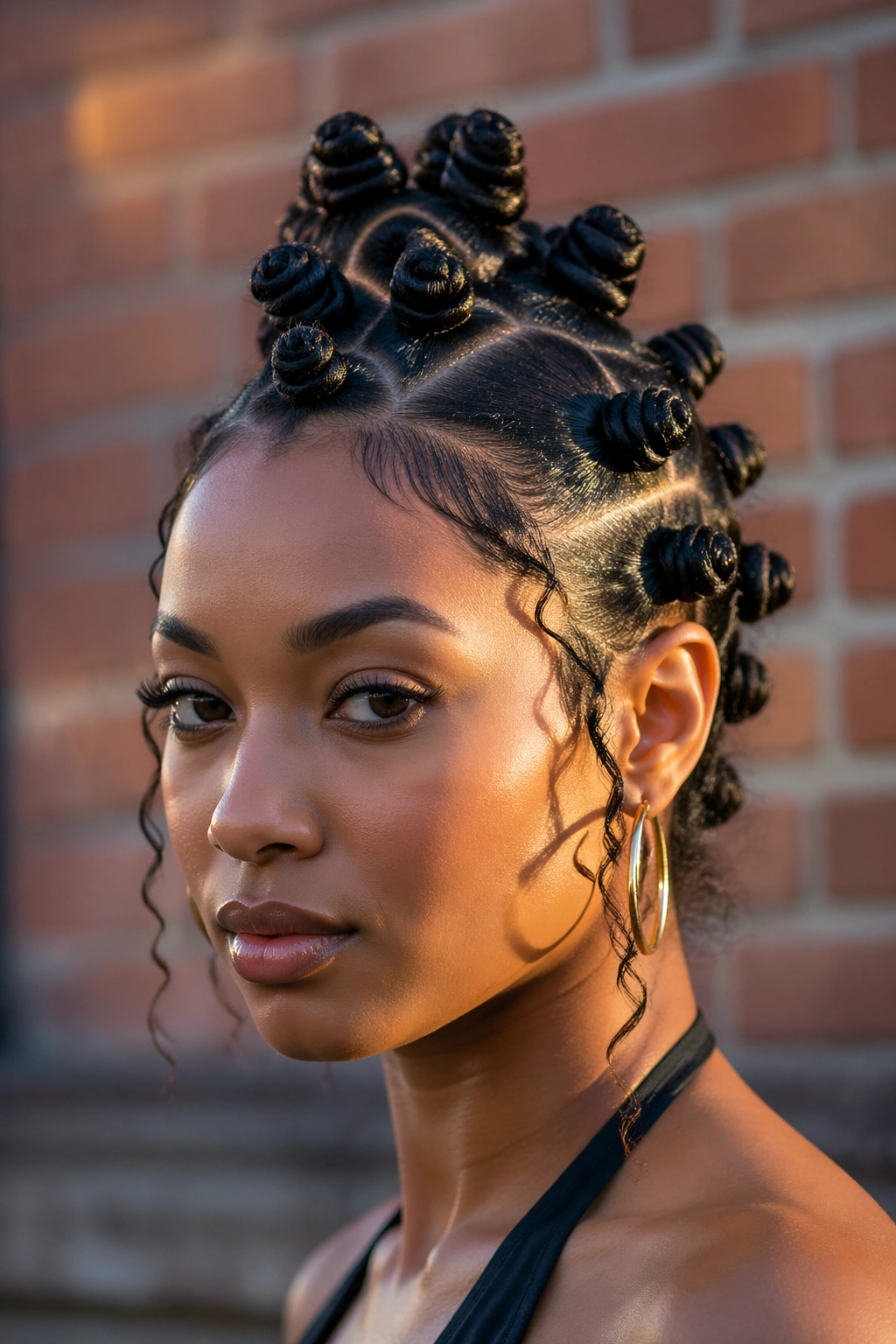 Close-up of a real woman with a bantu-knot faux hawk against an urban backdrop