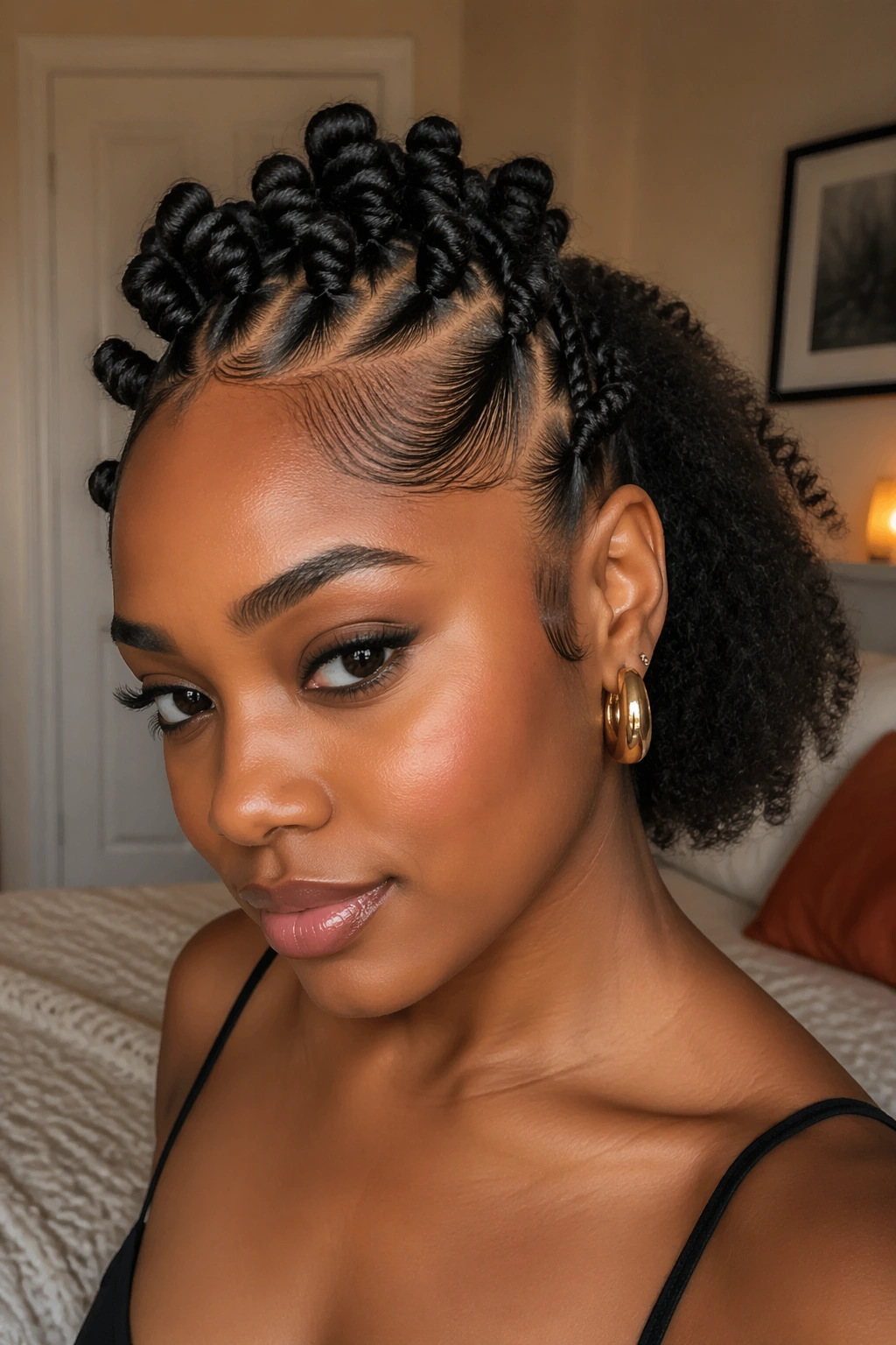 Close-up portrait of a real woman with front bantu knots swooping to the side and loose back curls