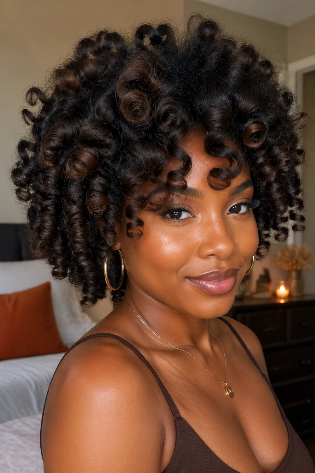 Close-up of a real woman with blown-out bantu knot-out curls.