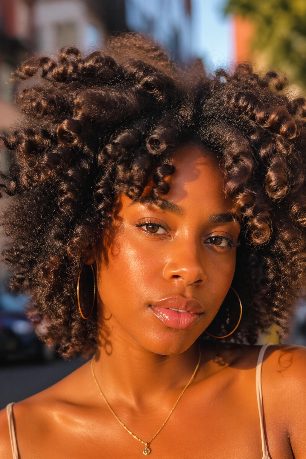 Close-up of a real woman with brushed-out Bantu knot-out curls