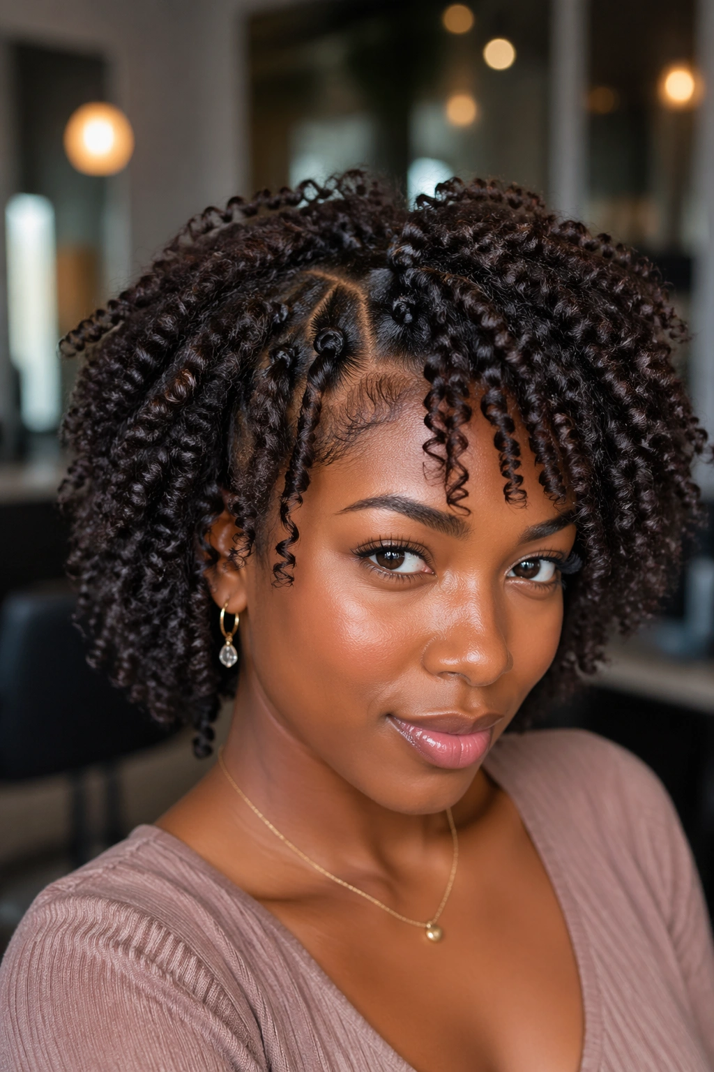 Close-up of a real person with a Bantu knot-out hairstyle and springy curls