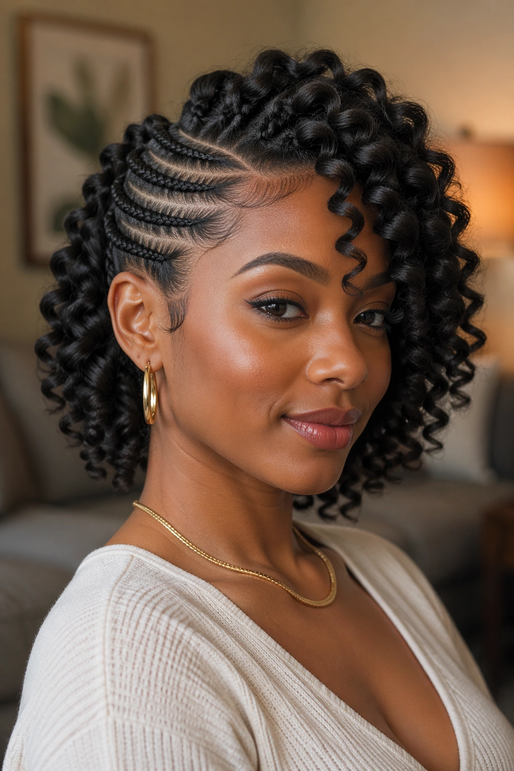 Real woman with bantu knot-out curls and side cornrows