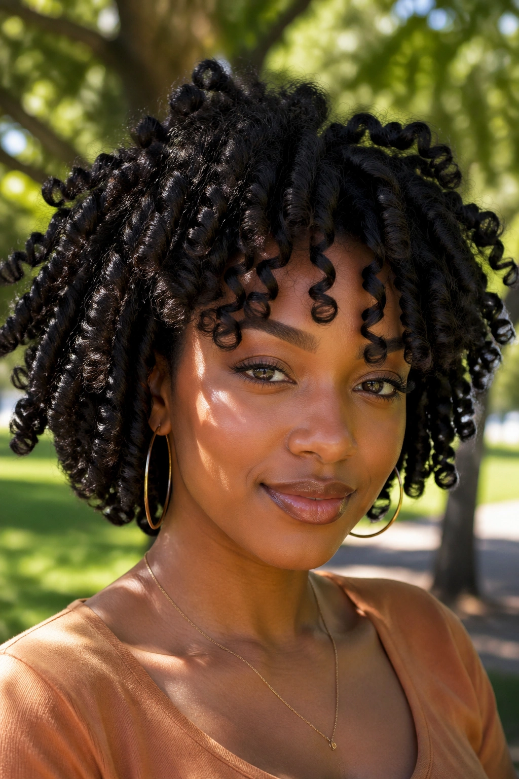 Close-up of a real woman with bantu knot-out spirals in a sunlit park.