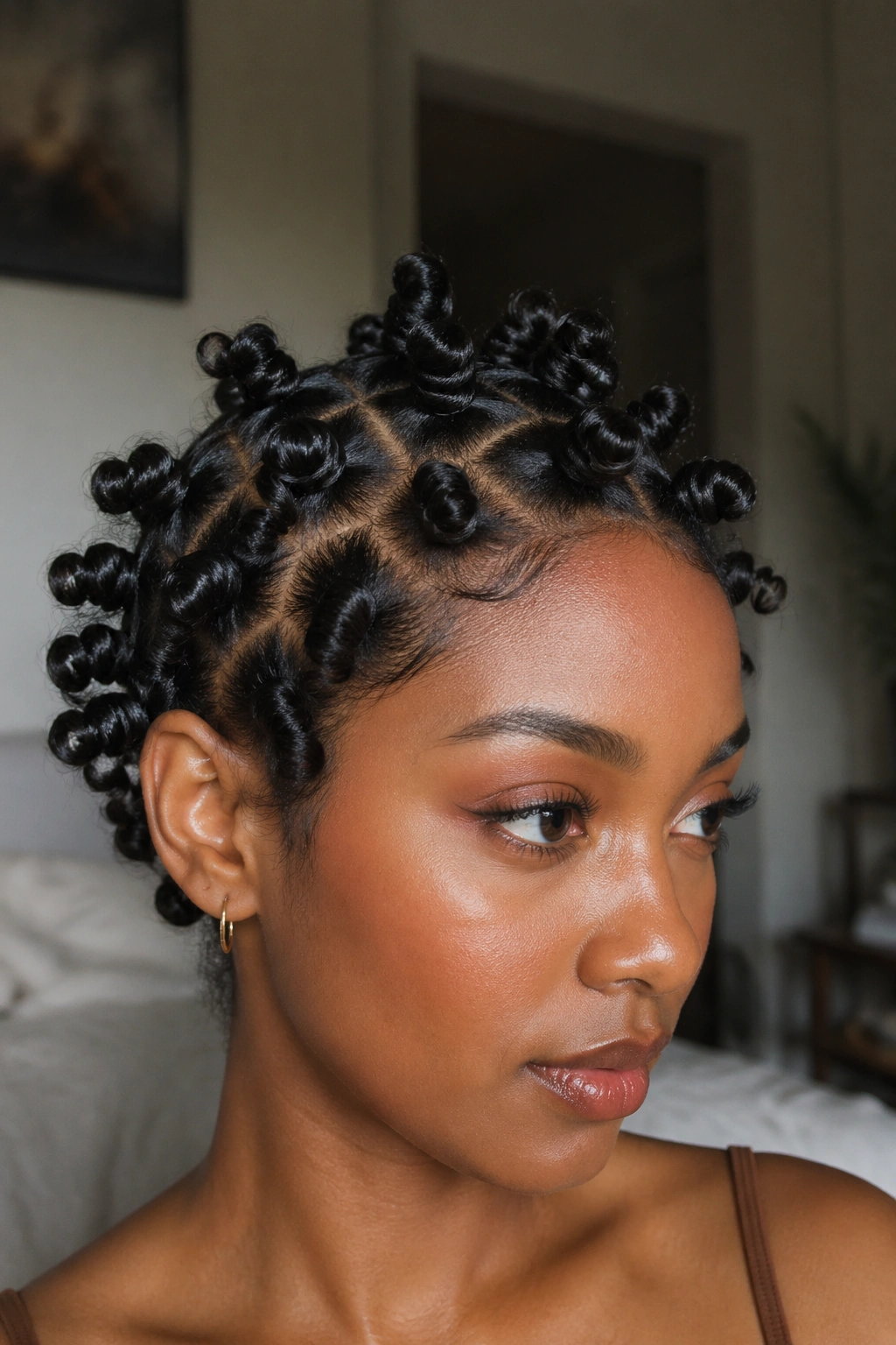 Close-up of Bantu knot out on short natural hair with glossy coils