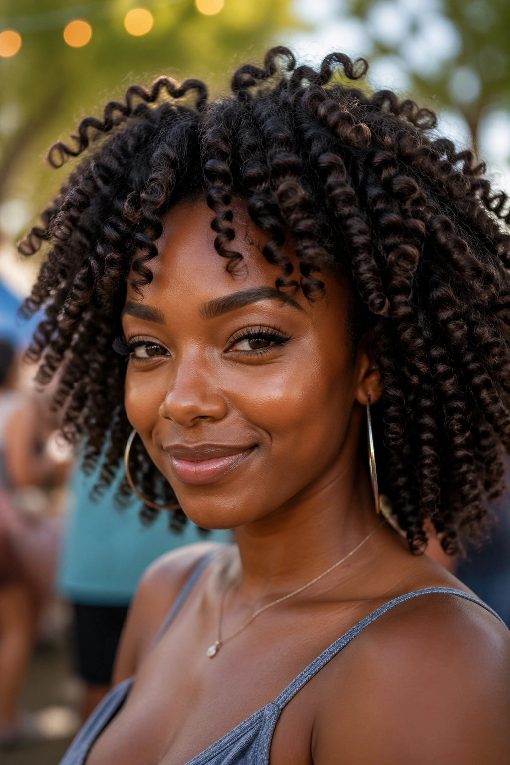 Close-up of Bantu knot-out curls on a real person at festival