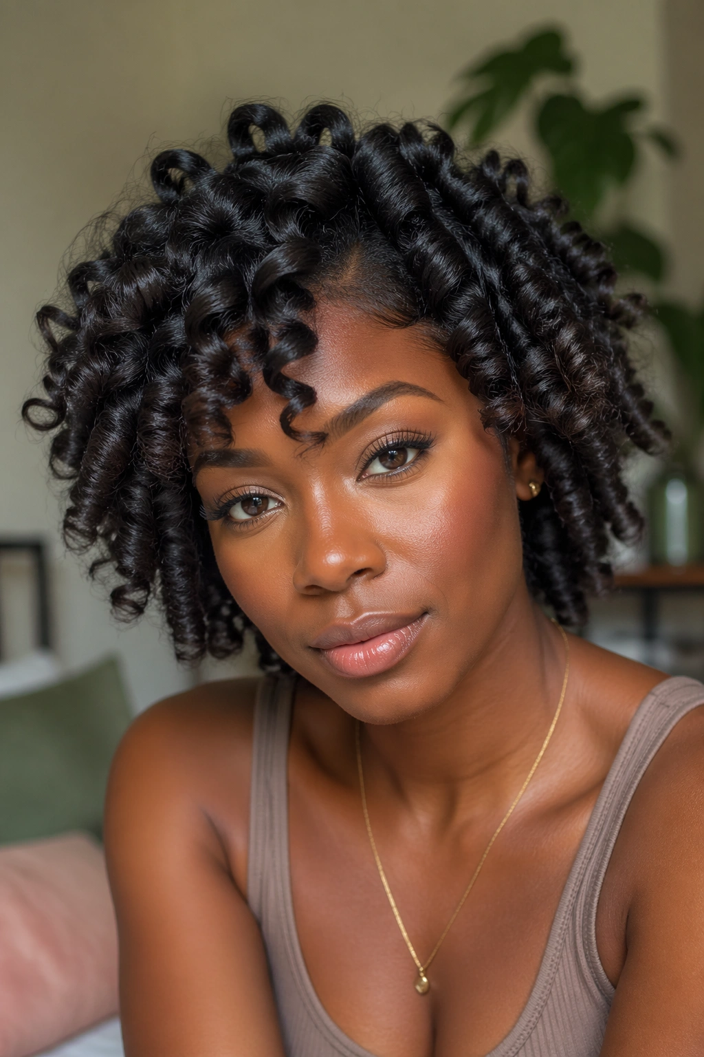 Close-up of a Black woman with a Bantu knot-out hairstyle