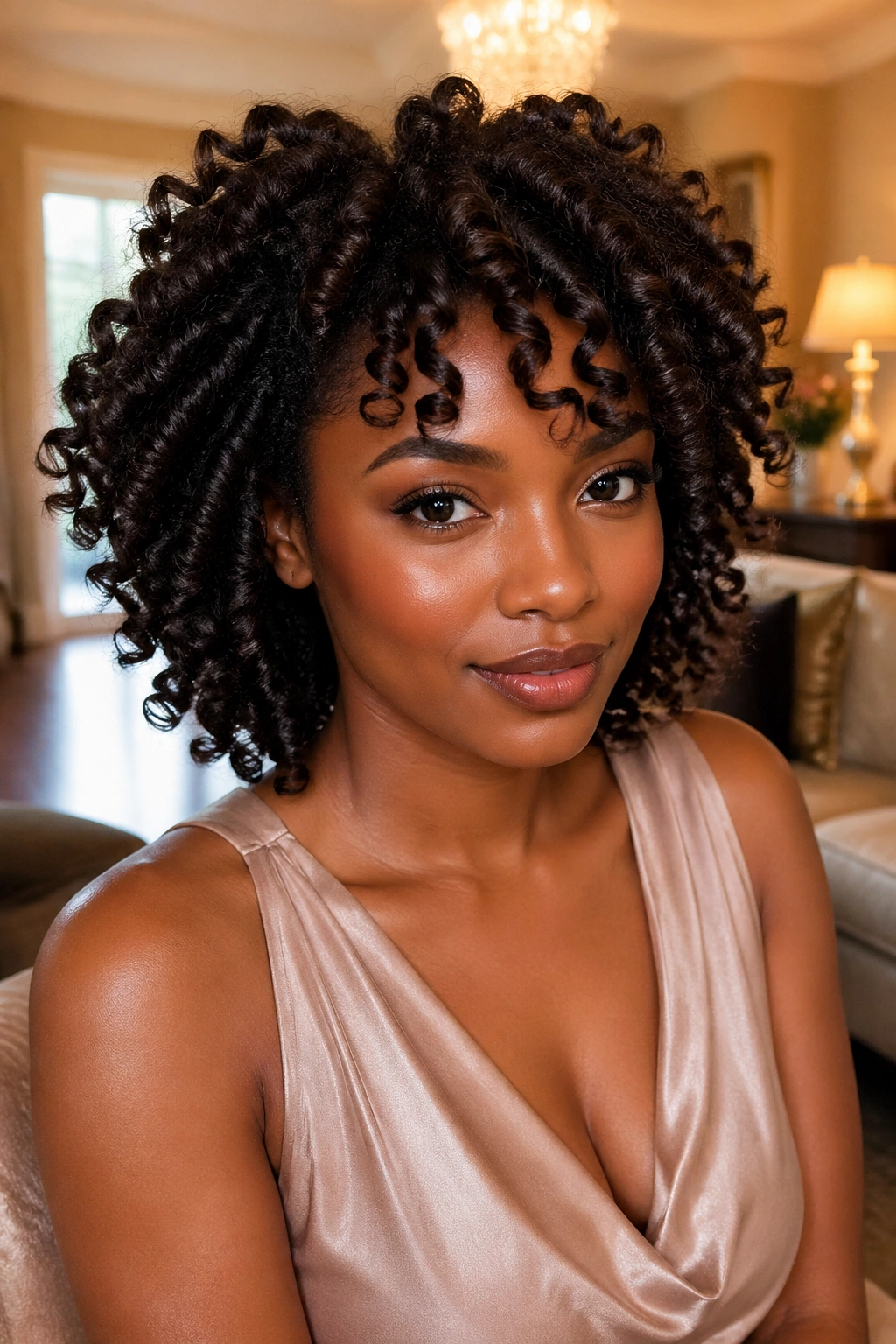 Real woman with Bantu knot-out spiral curls; elegant look.
