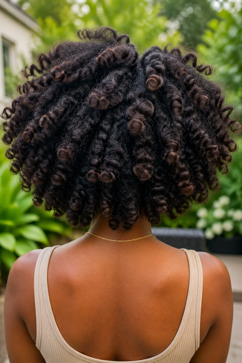 Back-of-head portrait showing a fluffy bantu knot-out hairstyle on a real person.
