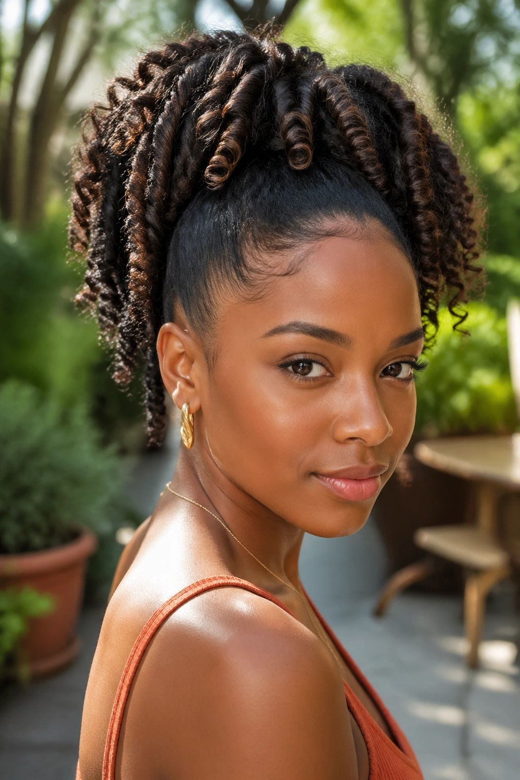 Close-up of bantu-knot-out high ponytail on a real woman showing springy knot texture