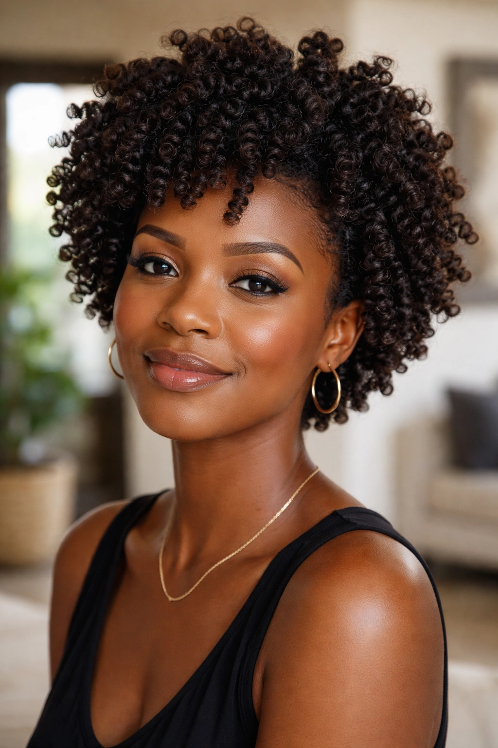 Close-up portrait of a real woman with bantu knot-out hairstyle in a modern interior
